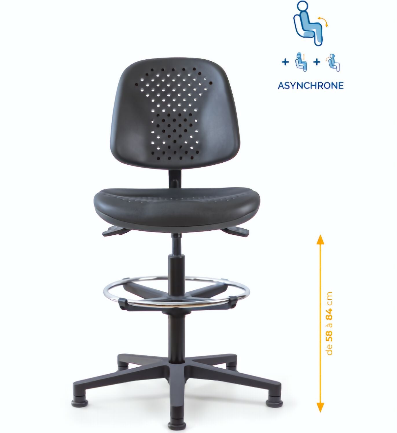 Chaise polyuréthane, Chaise atelier polyuréthane, chaise pour atelier polyuréthane, siège pour atelier, siège atelier polyuréthane, chaise polyuréthane perforé, siège microtechnique, chaise d'atelier pour industrie, chaise d'atelier esat, mobilier de bure