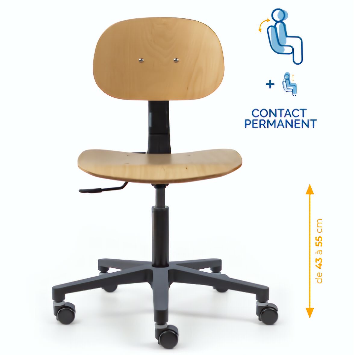 Chaise atelier bois, Chaise d'atelier en bois, chaise atelier en bois ergonomique, chaise atelier asynchrone en bois, chaise d'atelier professionnel, mobilier de bureau, Besançon