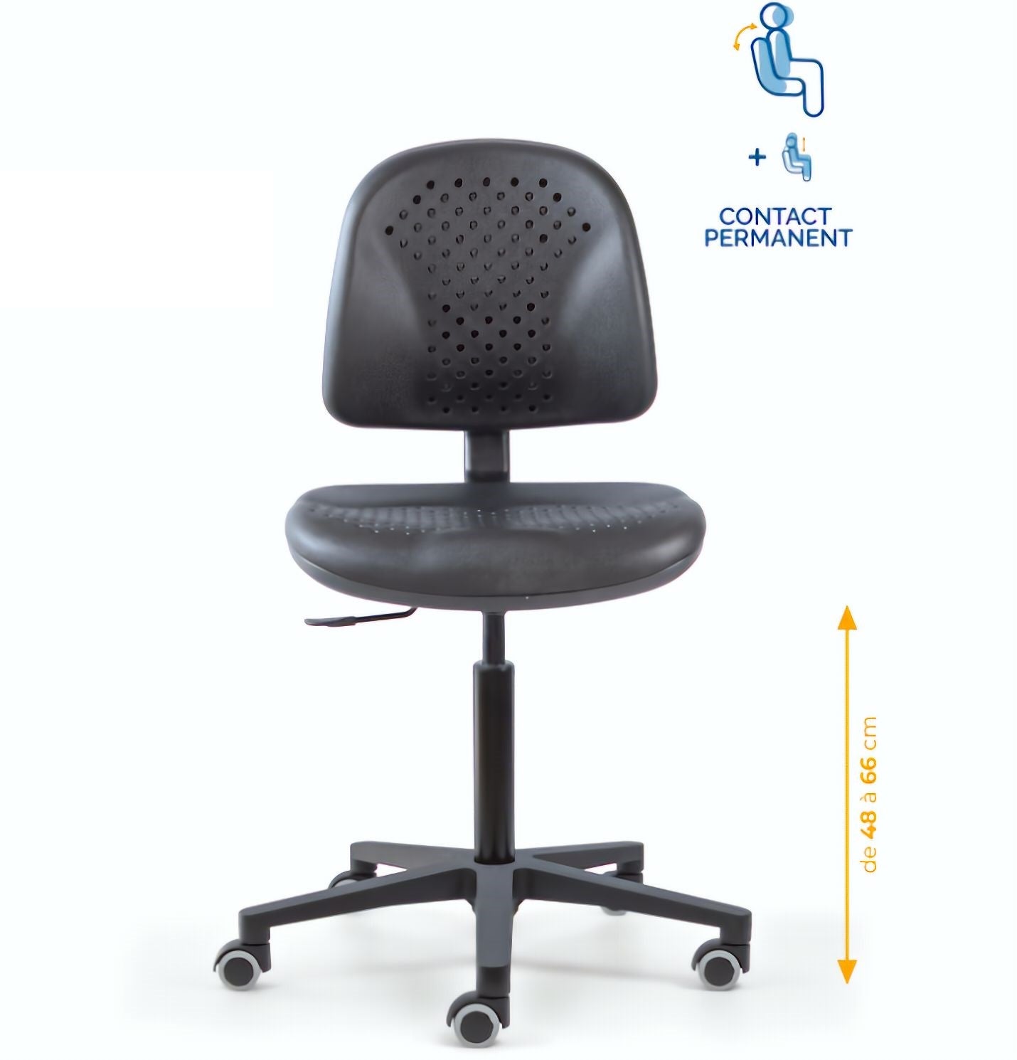 Chaise polyuréthane, Chaise atelier polyuréthane, chaise pour atelier polyuréthane, siège pour atelier, siège atelier polyuréthane, chaise polyuréthane perforé, siège microtechnique, chaise d'atelier pour industrie, chaise d'atelier esat, mobilier de bure