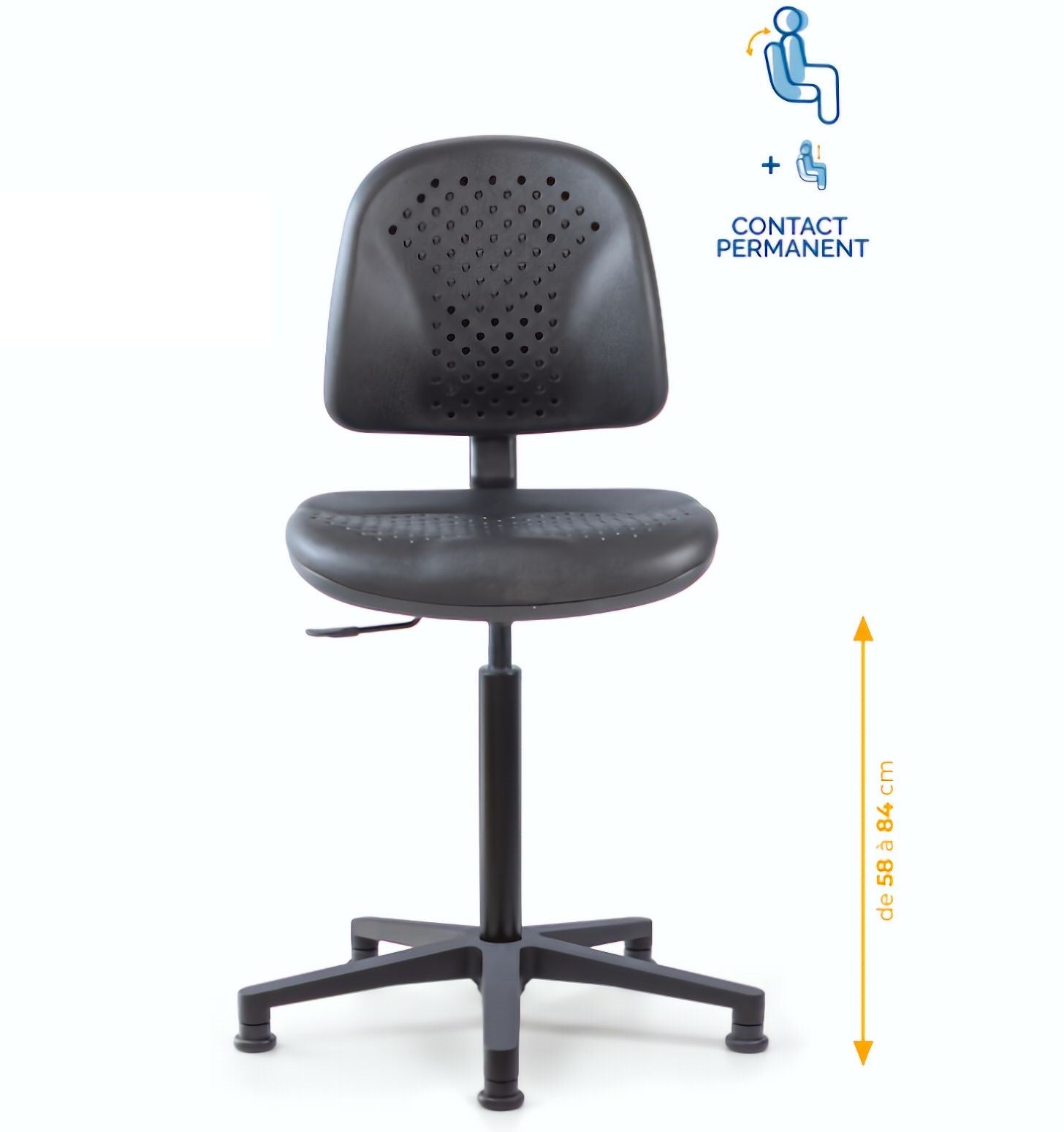 Chaise polyuréthane, Chaise atelier polyuréthane, chaise pour atelier polyuréthane, siège pour atelier, siège atelier polyuréthane, chaise polyuréthane perforé, siège microtechnique, chaise d'atelier pour industrie, chaise d'atelier esat, mobilier de bure