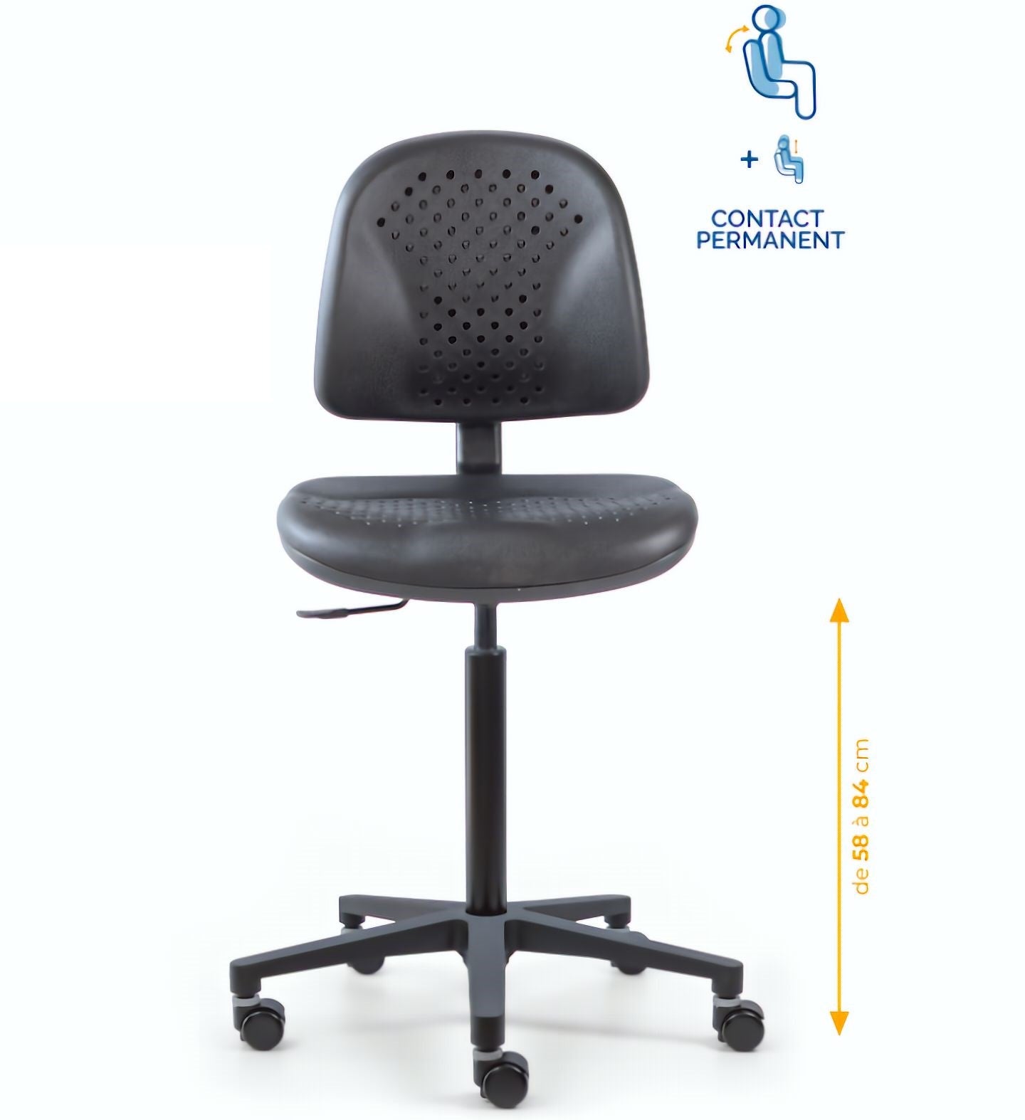 Chaise polyuréthane, Chaise atelier polyuréthane, chaise pour atelier polyuréthane, siège pour atelier, siège atelier polyuréthane, chaise polyuréthane perforé, siège microtechnique, chaise d'atelier pour industrie, chaise d'atelier esat, mobilier de bure