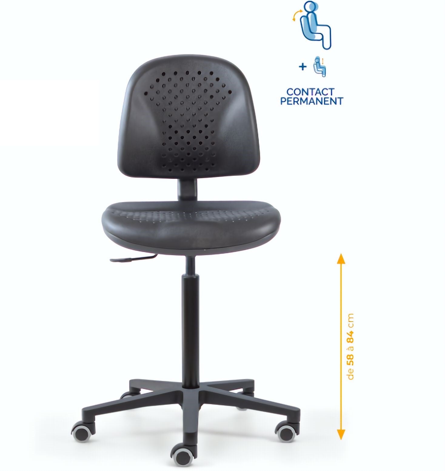 Chaise polyuréthane, Chaise atelier polyuréthane, chaise pour atelier polyuréthane, siège pour atelier, siège atelier polyuréthane, chaise polyuréthane perforé, siège microtechnique, chaise d'atelier pour industrie, chaise d'atelier esat, mobilier de bure