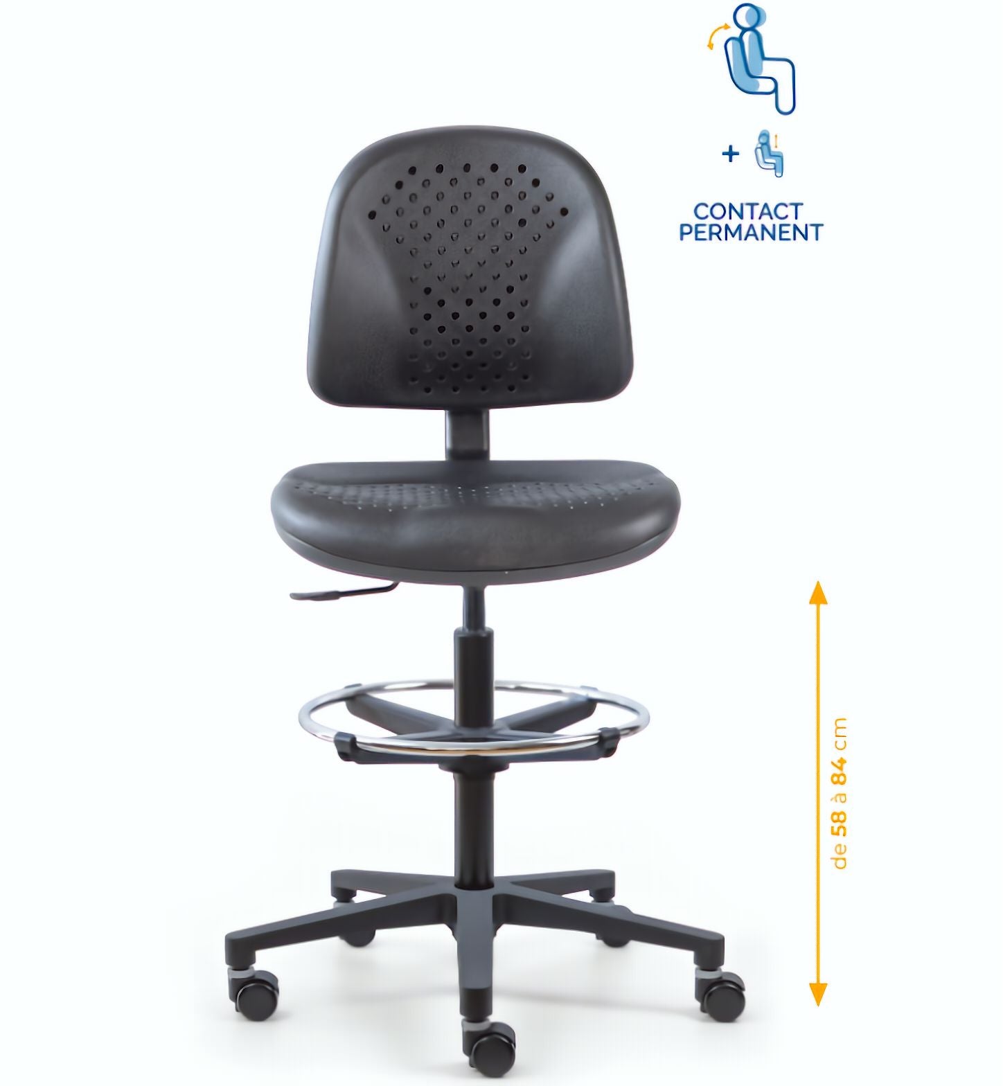 Chaise polyuréthane, Chaise atelier polyuréthane, chaise pour atelier polyuréthane, siège pour atelier, siège atelier polyuréthane, chaise polyuréthane perforé, siège microtechnique, chaise d'atelier pour industrie, chaise d'atelier esat, mobilier de bure