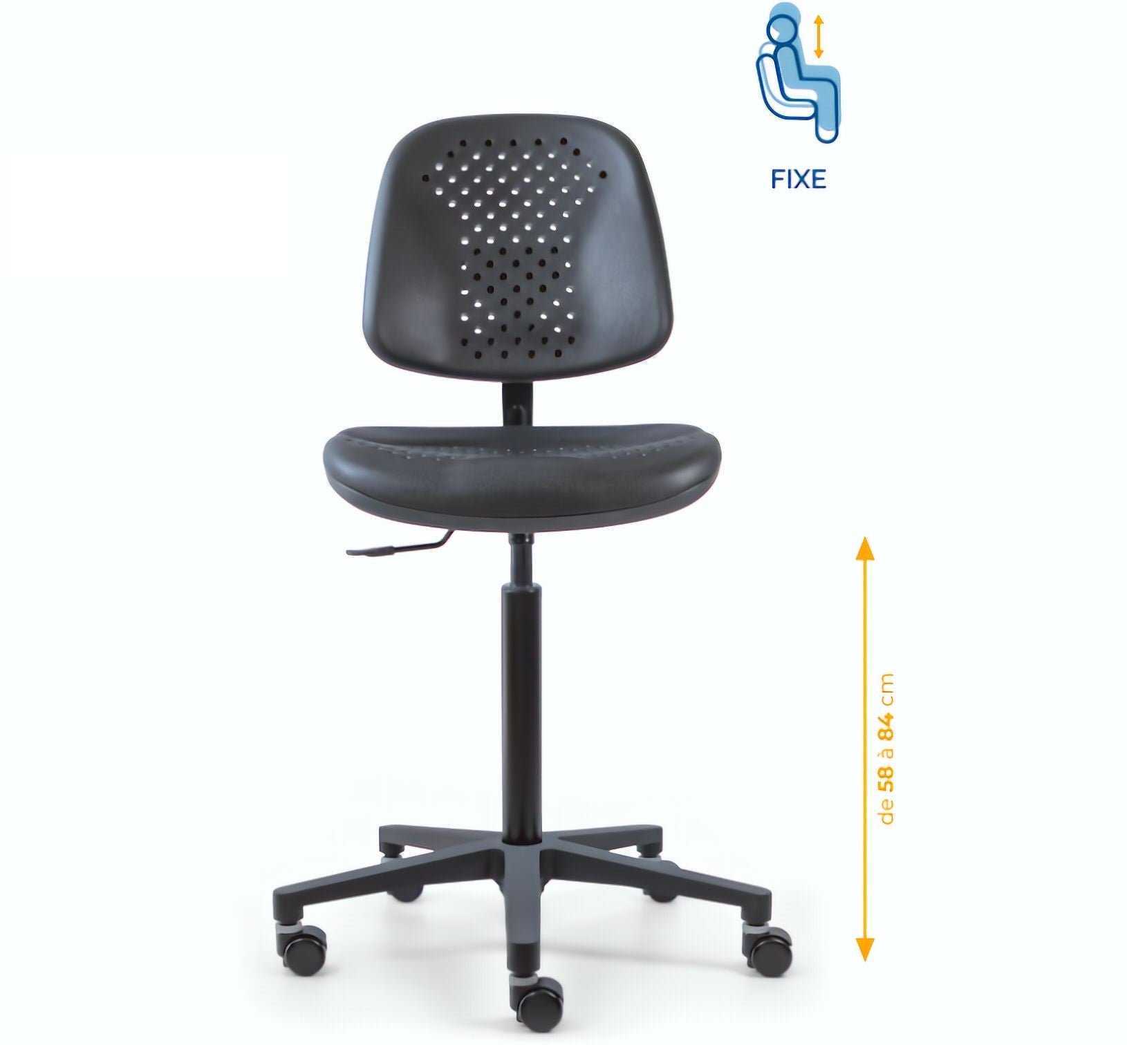 Chaise polyuréthane, Chaise atelier polyuréthane, chaise pour atelier polyuréthane, siège pour atelier, siège atelier polyuréthane, chaise polyuréthane perforé, siège microtechnique, chaise d'atelier pour industrie, chaise d'atelier esat, mobilier de bure