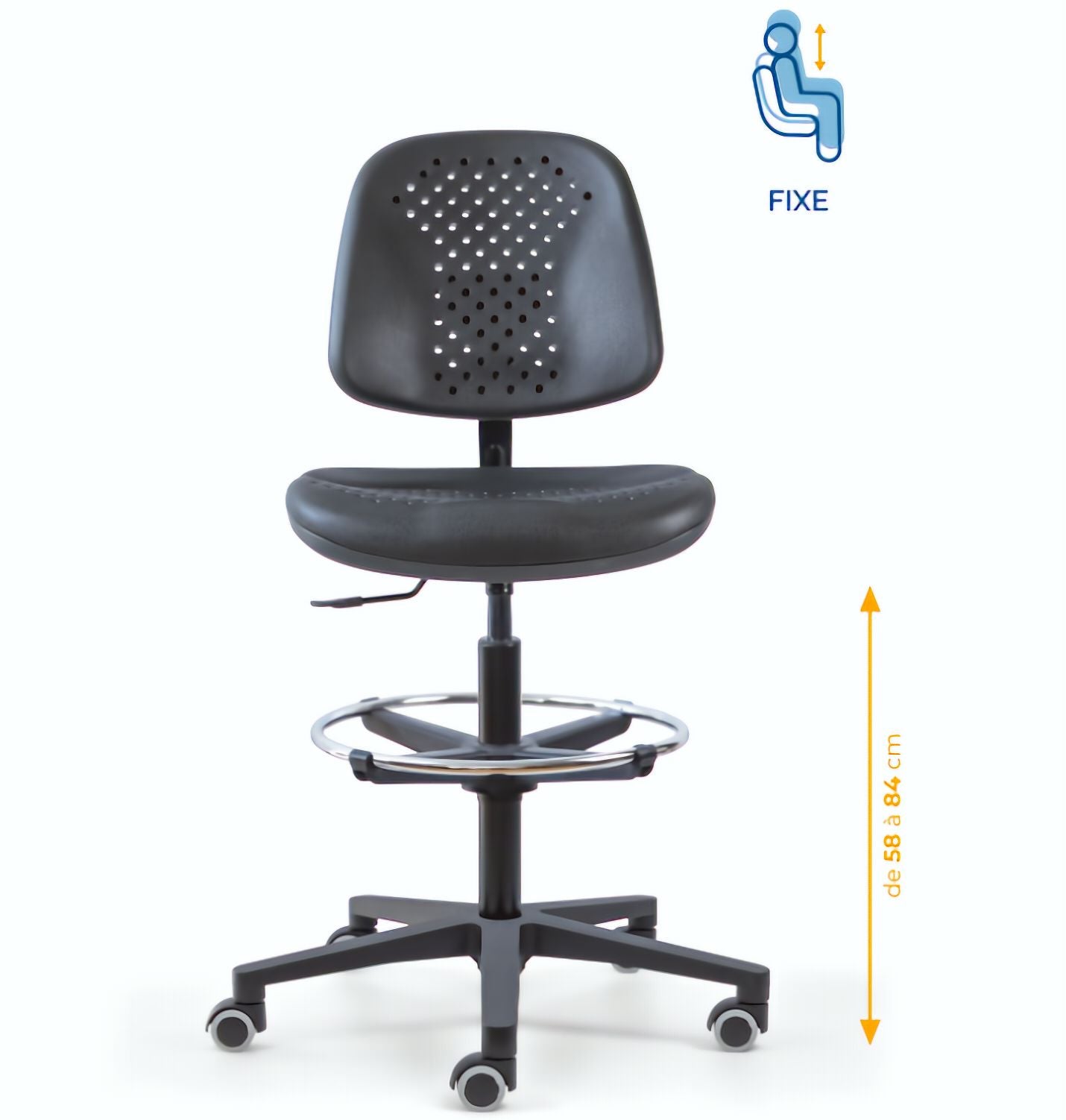 Chaise polyuréthane, Chaise atelier polyuréthane, chaise pour atelier polyuréthane, siège pour atelier, siège atelier polyuréthane, chaise polyuréthane perforé, siège microtechnique, chaise d'atelier pour industrie, chaise d'atelier esat, mobilier de bure