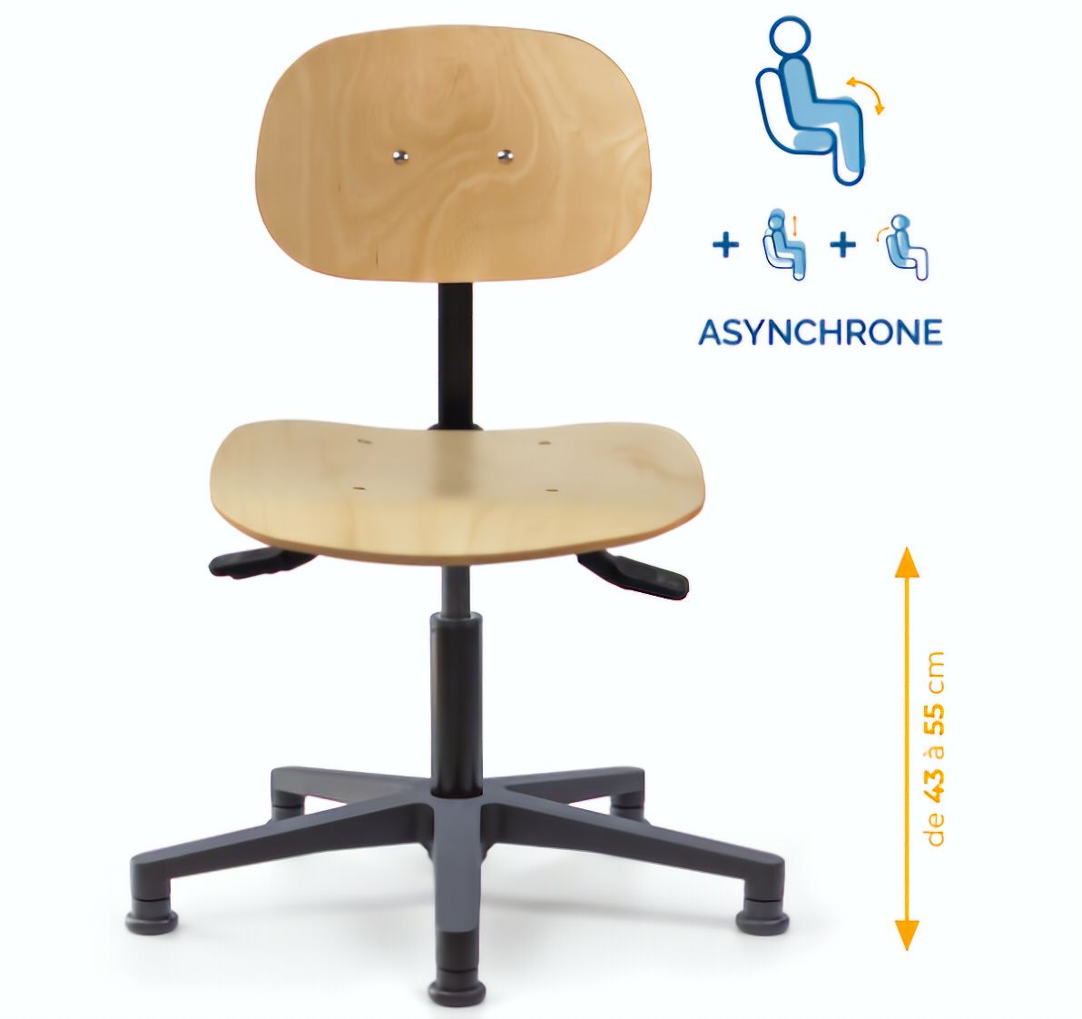 Chaise atelier bois, Chaise d'atelier en bois, chaise atelier en bois ergonomique, chaise atelier asynchrone en bois, chaise d'atelier professionnel, mobilier de bureau, Besançon