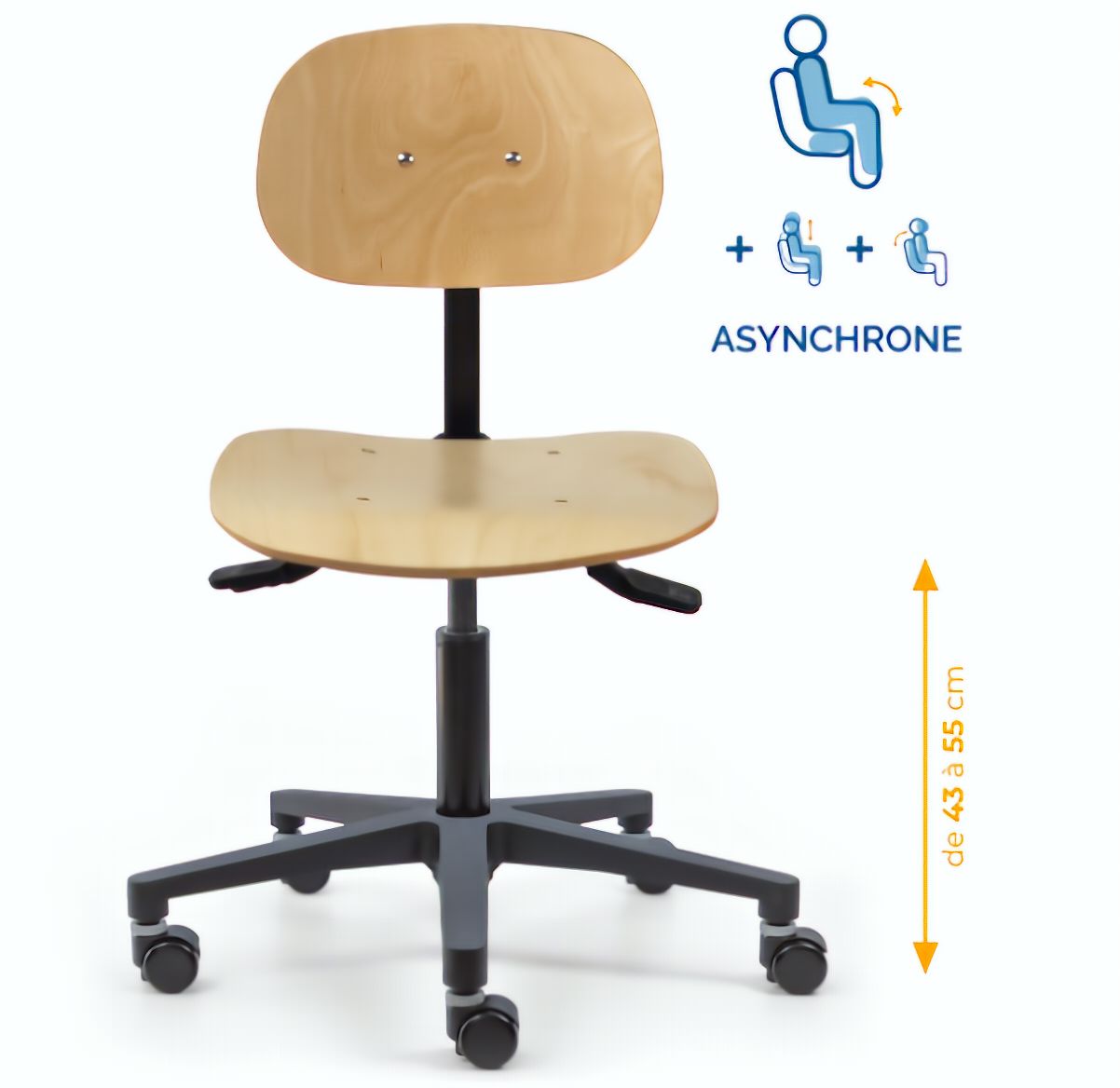 Chaise atelier bois, Chaise d'atelier en bois, chaise atelier en bois ergonomique, chaise atelier asynchrone en bois, chaise d'atelier professionnel, mobilier de bureau, Besançon
