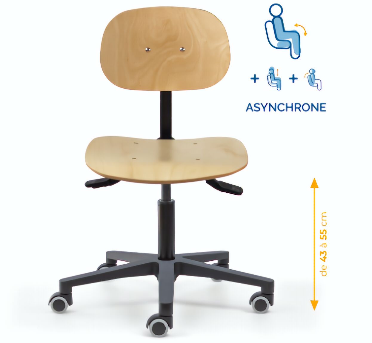Chaise atelier bois, Chaise d'atelier en bois, chaise atelier en bois ergonomique, chaise atelier asynchrone en bois, chaise d'atelier professionnel, mobilier de bureau, Besançon