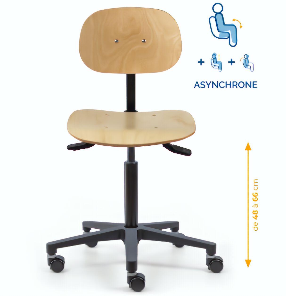 Chaise atelier bois, Chaise d'atelier en bois, chaise atelier en bois ergonomique, chaise atelier asynchrone en bois, chaise d'atelier professionnel, mobilier de bureau, Besançon