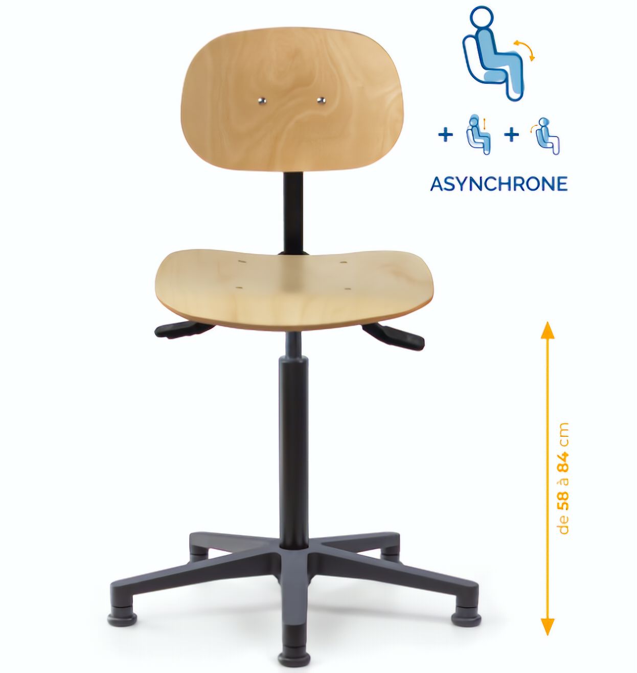 Chaise atelier bois, Chaise d'atelier en bois, chaise atelier en bois ergonomique, chaise atelier asynchrone en bois, chaise d'atelier professionnel, mobilier de bureau, Besançon