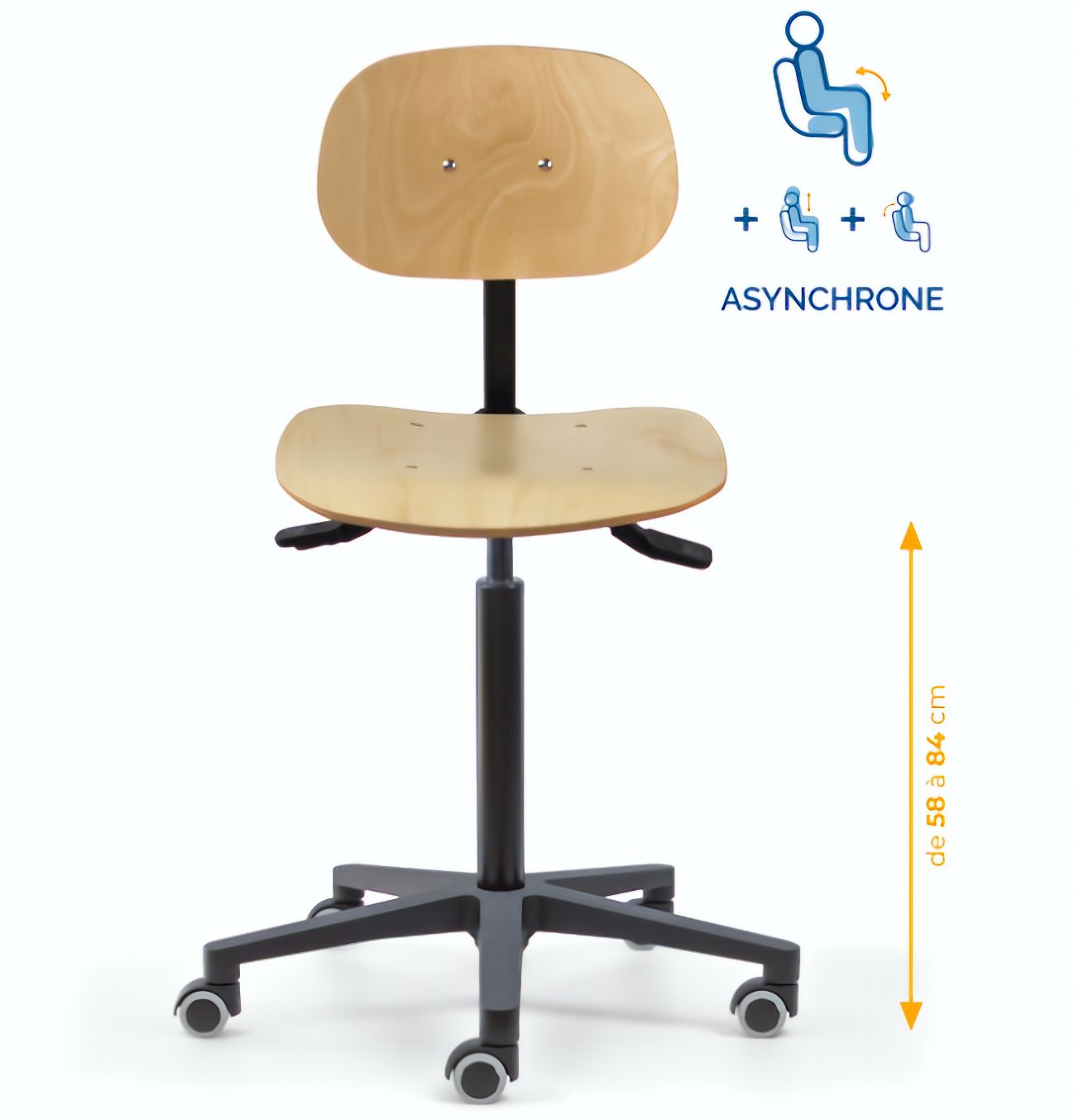 Chaise atelier bois, Chaise d'atelier en bois, chaise atelier en bois ergonomique, chaise atelier asynchrone en bois, chaise d'atelier professionnel, mobilier de bureau, Besançon
