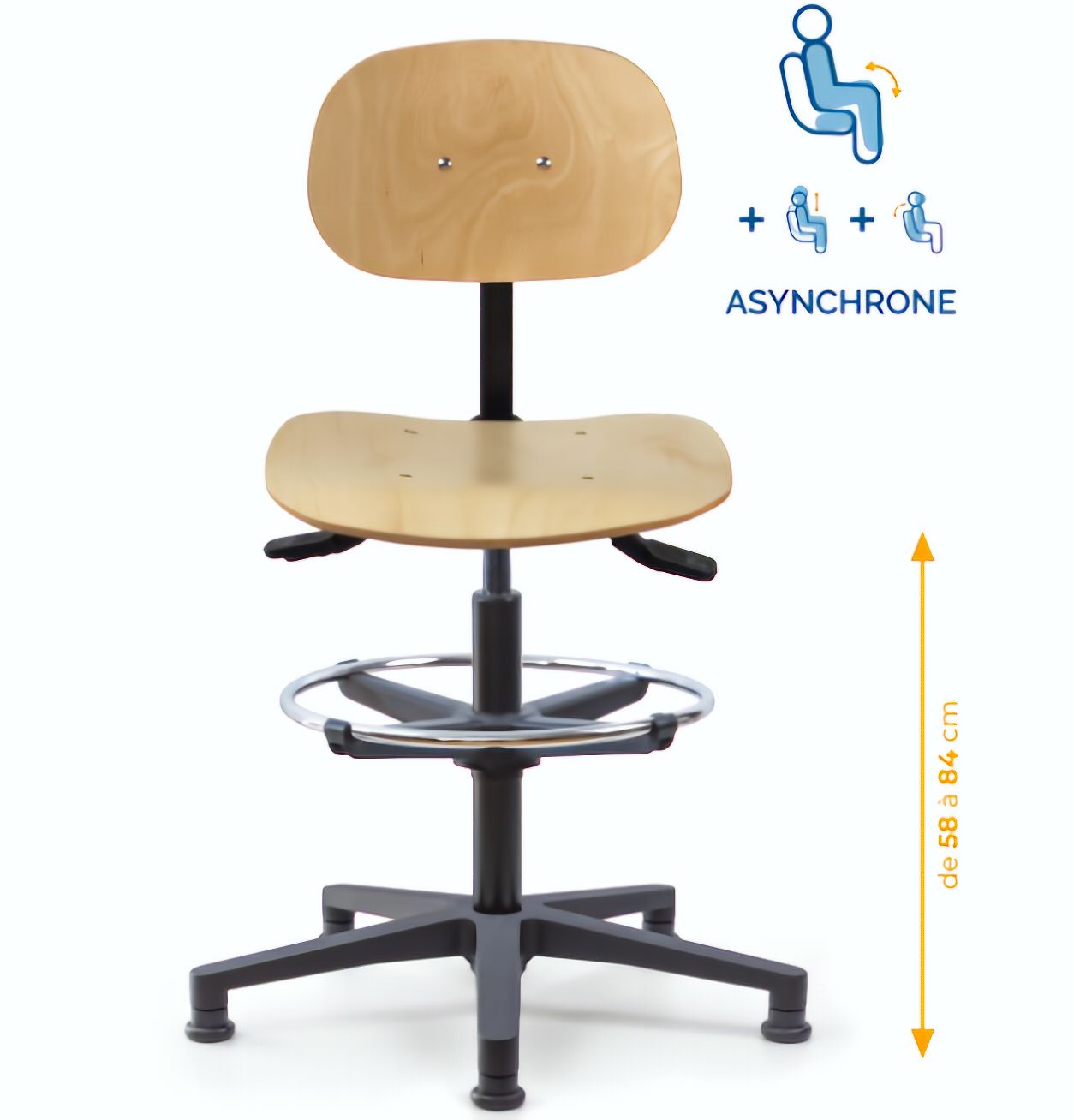 Chaise atelier bois, Chaise d'atelier en bois, chaise atelier en bois ergonomique, chaise atelier asynchrone en bois, chaise d'atelier professionnel, mobilier de bureau, Besançon