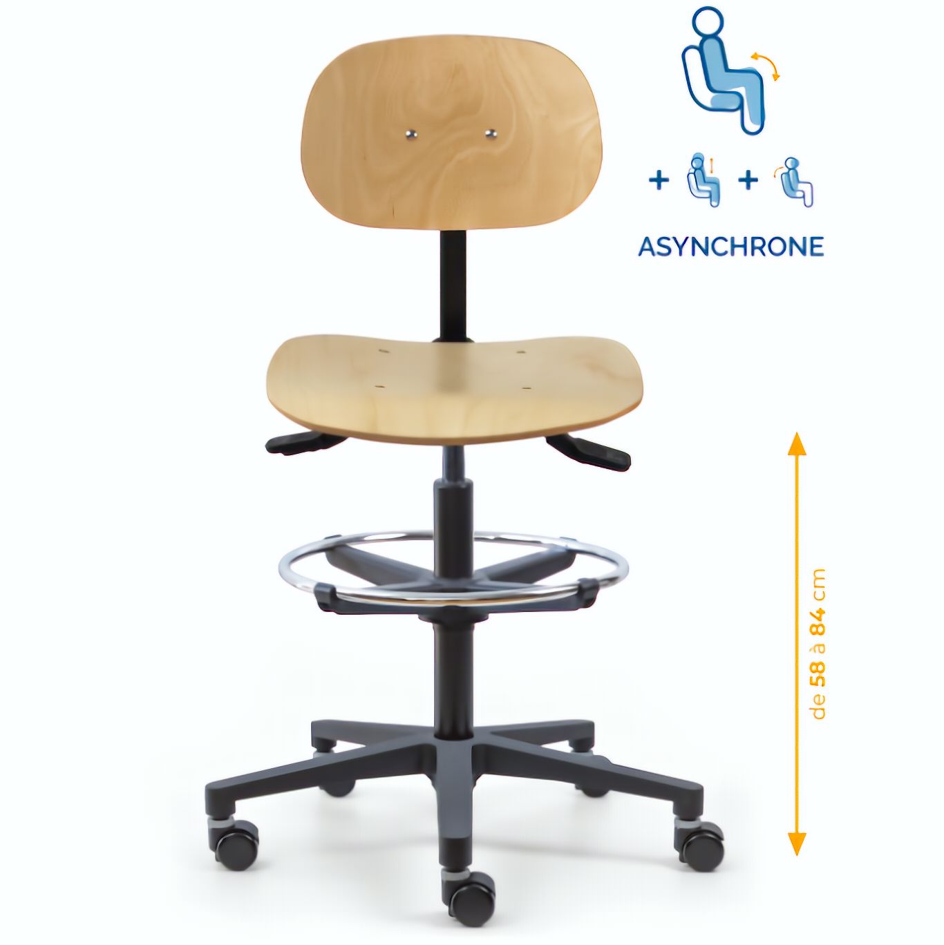 Chaise atelier bois, Chaise d'atelier en bois, chaise atelier en bois ergonomique, chaise atelier asynchrone en bois, chaise d'atelier professionnel, mobilier de bureau, Besançon