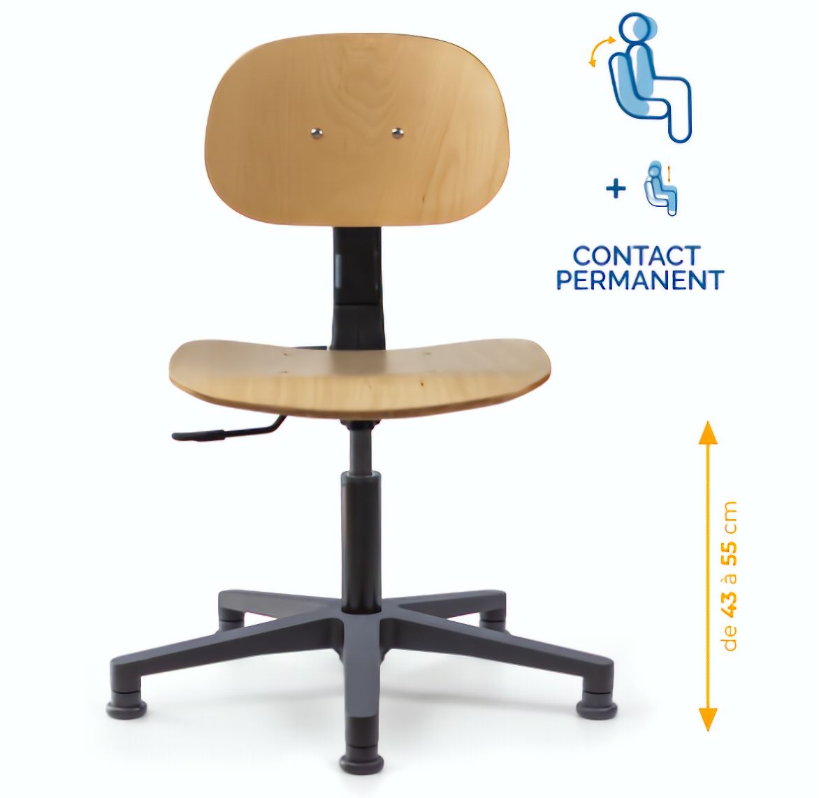 Chaise atelier bois, Chaise d'atelier en bois, chaise atelier en bois ergonomique, chaise atelier asynchrone en bois, chaise d'atelier professionnel, mobilier de bureau, Besançon