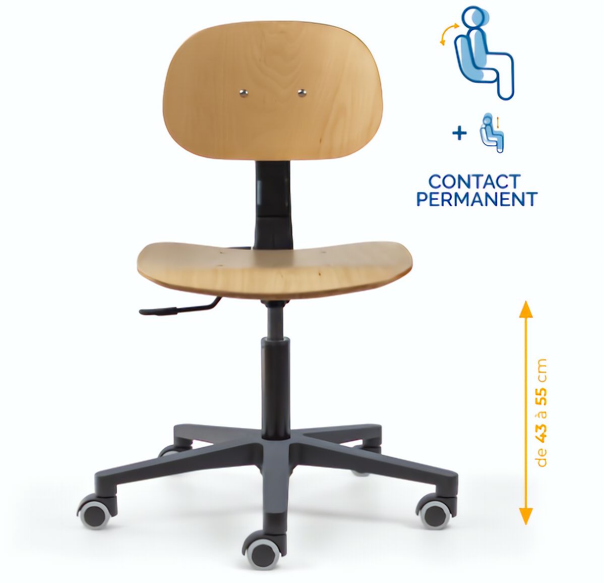 Chaise atelier bois, Chaise d'atelier en bois, chaise atelier en bois ergonomique, chaise atelier asynchrone en bois, chaise d'atelier professionnel, mobilier de bureau, Besançon