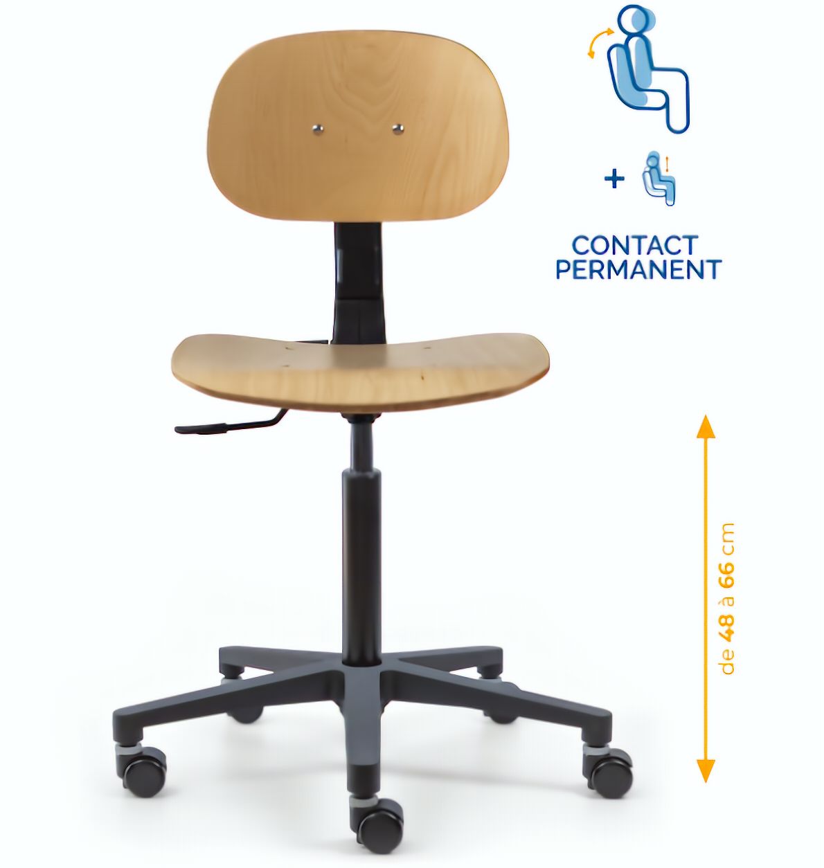 Chaise atelier bois, Chaise d'atelier en bois, chaise atelier en bois ergonomique, chaise atelier asynchrone en bois, chaise d'atelier professionnel, mobilier de bureau, Besançon