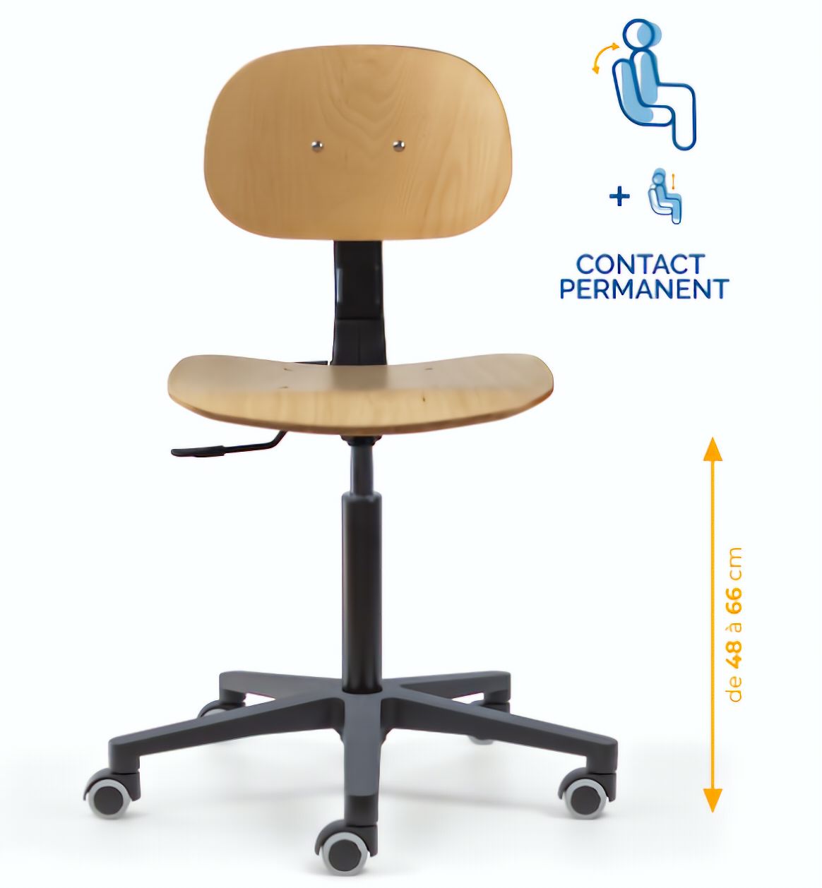 Chaise atelier bois, Chaise d'atelier en bois, chaise atelier en bois ergonomique, chaise atelier asynchrone en bois, chaise d'atelier professionnel, mobilier de bureau, Besançon
