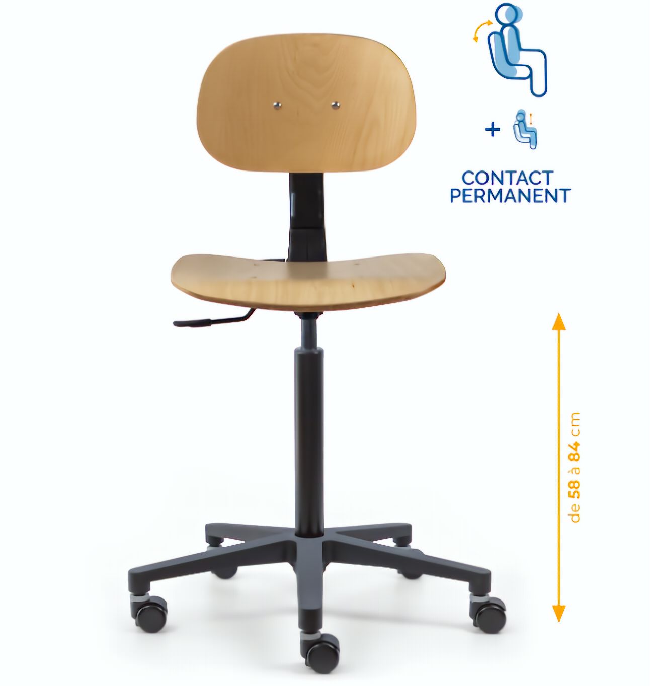 Chaise atelier bois, Chaise d'atelier en bois, chaise atelier en bois ergonomique, chaise atelier asynchrone en bois, chaise d'atelier professionnel, mobilier de bureau, Besançon