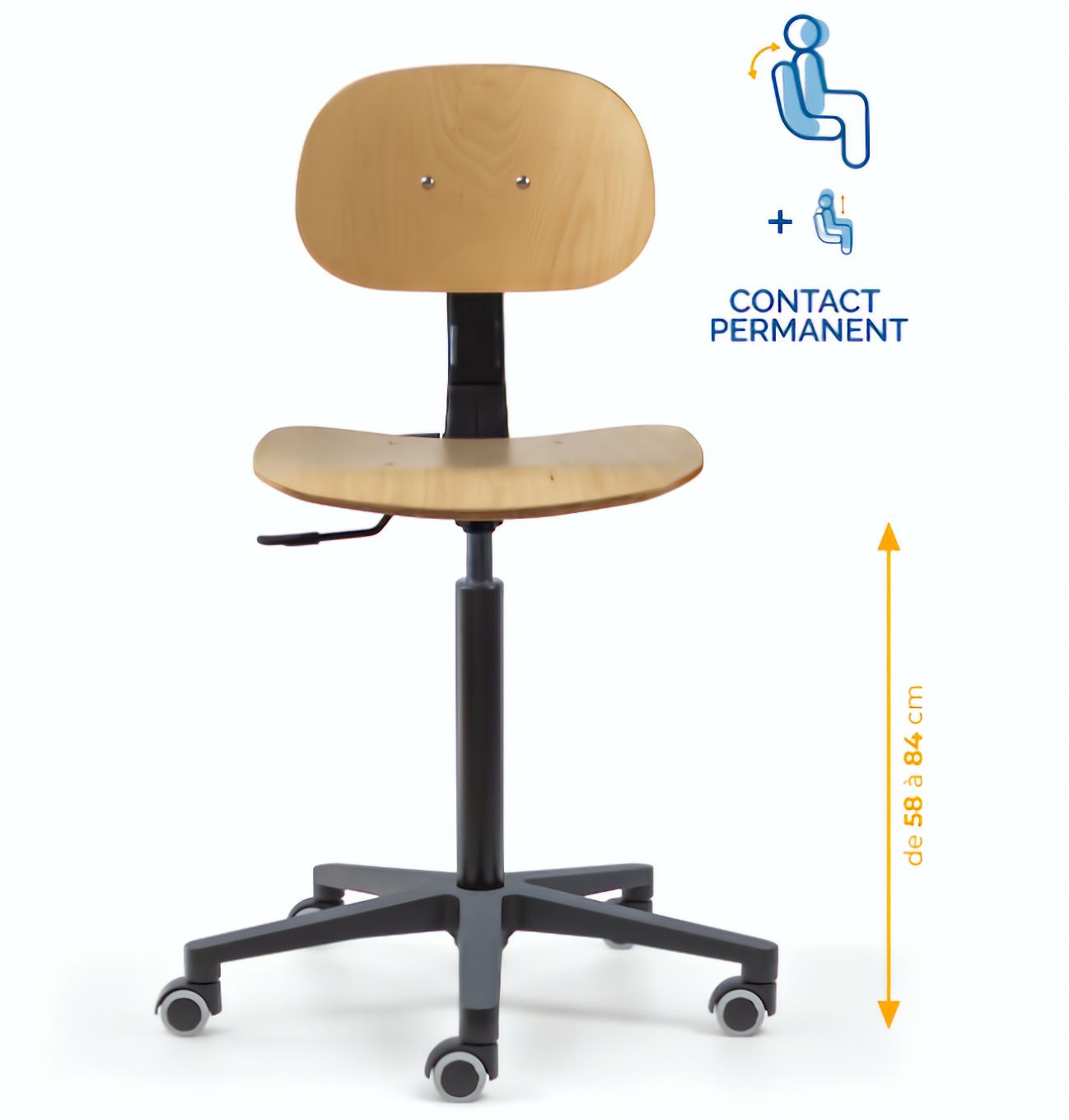 Chaise atelier bois, Chaise d'atelier en bois, chaise atelier en bois ergonomique, chaise atelier asynchrone en bois, chaise d'atelier professionnel, mobilier de bureau, Besançon