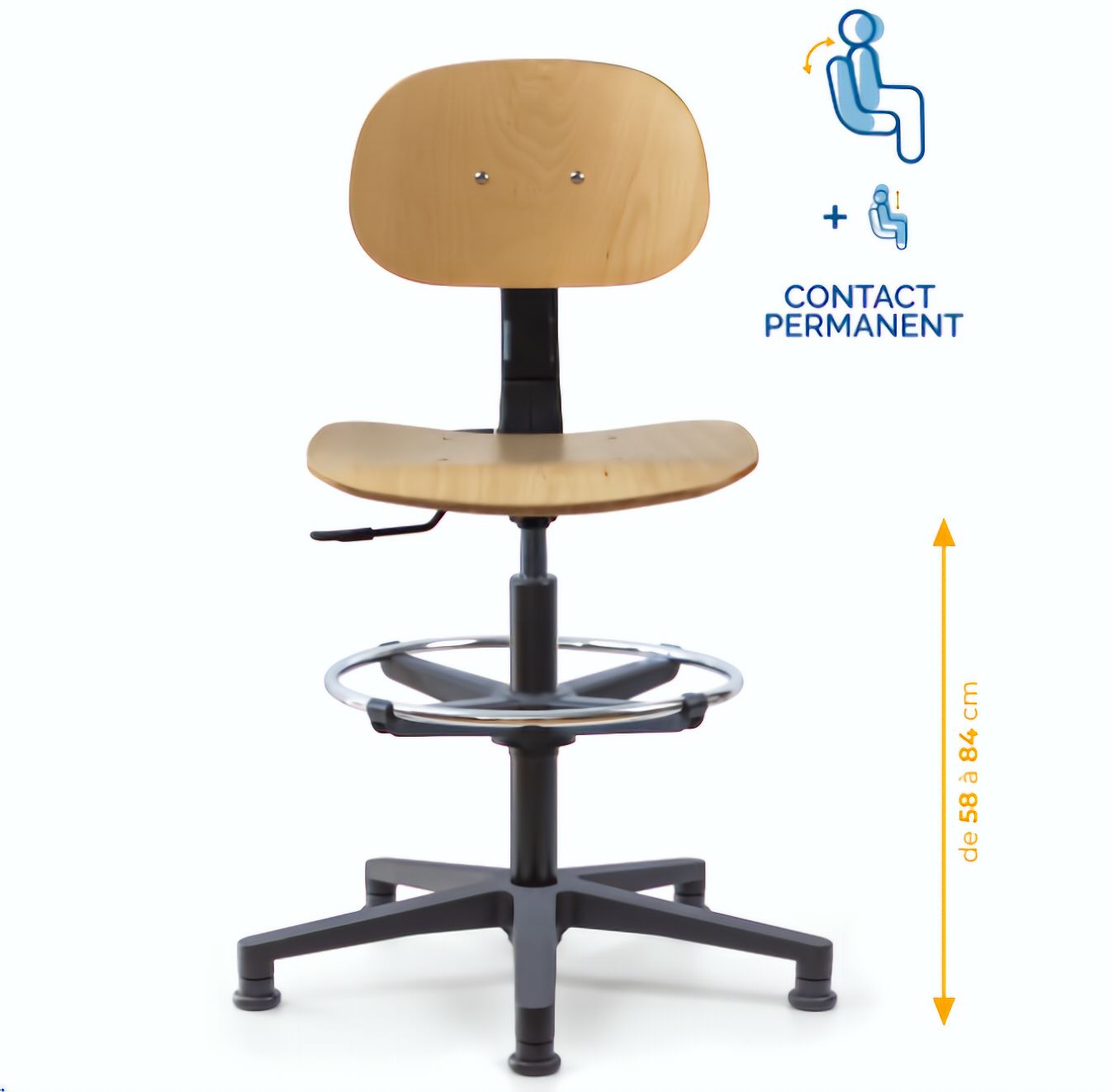 Chaise atelier bois, Chaise d'atelier en bois, chaise atelier en bois ergonomique, chaise atelier asynchrone en bois, chaise d'atelier professionnel, mobilier de bureau, Besançon