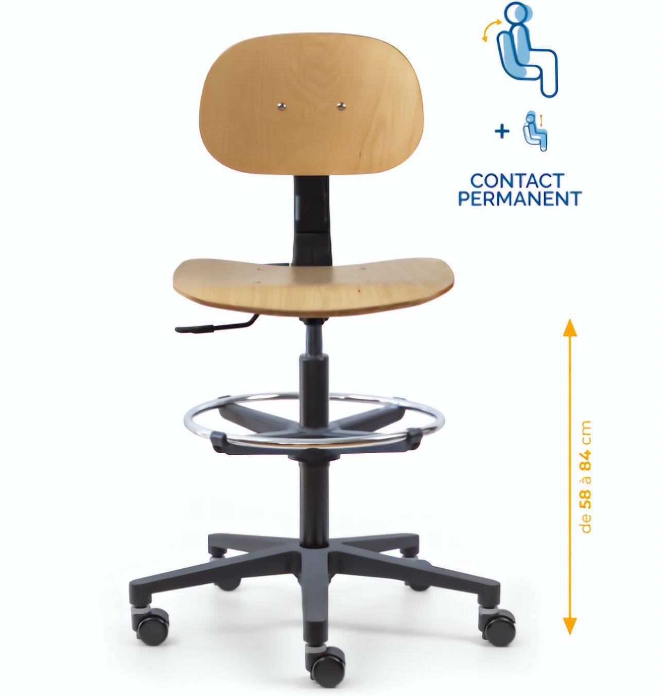 Chaise atelier bois, Chaise d'atelier en bois, chaise atelier en bois ergonomique, chaise atelier asynchrone en bois, chaise d'atelier professionnel, mobilier de bureau, Besançon