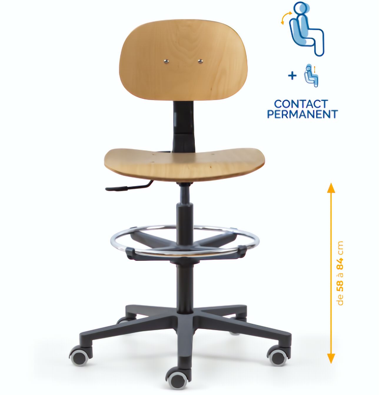 Chaise atelier bois, Chaise d'atelier en bois, chaise atelier en bois ergonomique, chaise atelier asynchrone en bois, chaise d'atelier professionnel, mobilier de bureau, Besançon