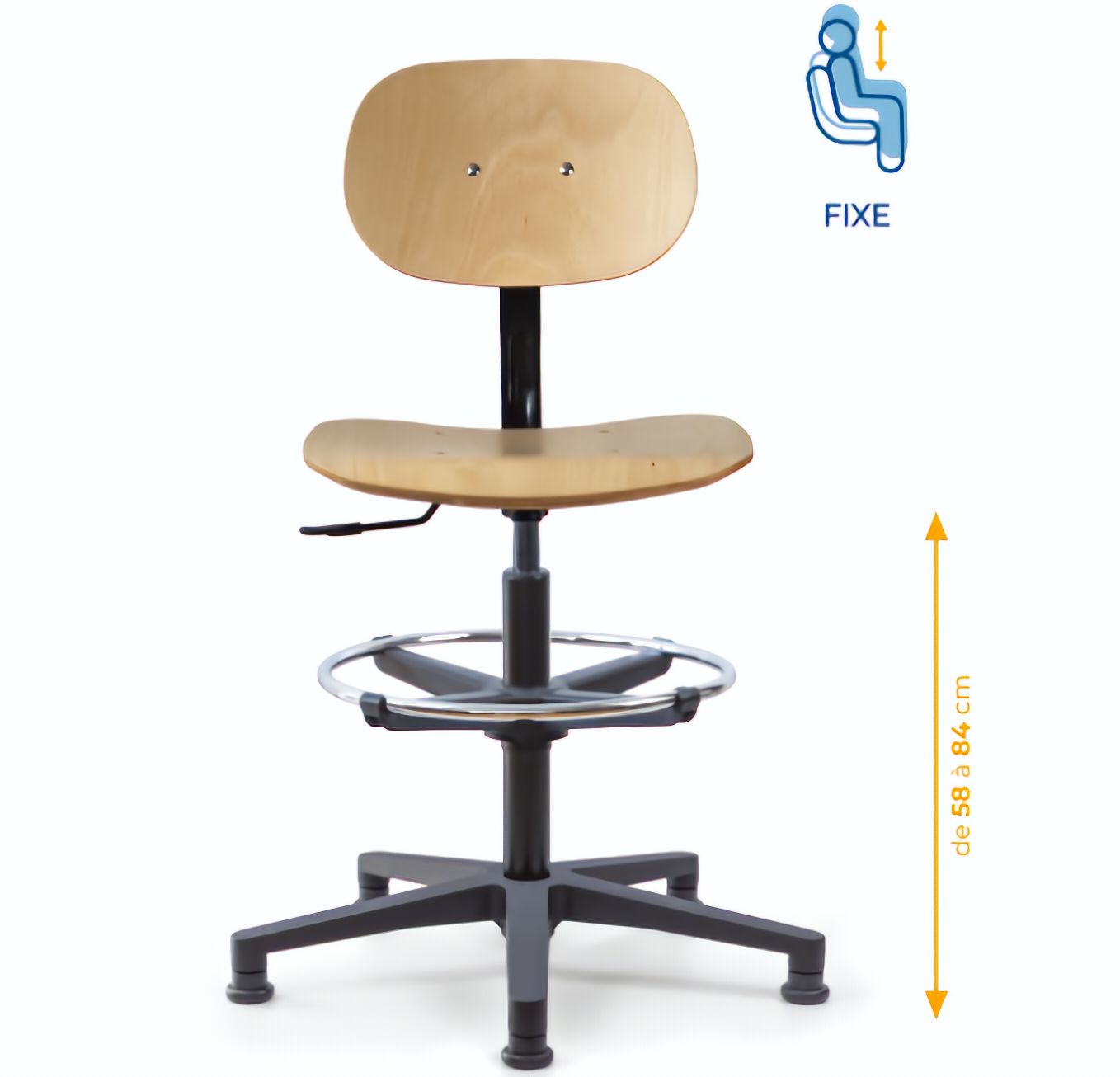 Chaise atelier bois, Chaise d'atelier en bois, chaise atelier en bois ergonomique, chaise atelier asynchrone en bois, chaise d'atelier professionnel, mobilier de bureau, Besançon