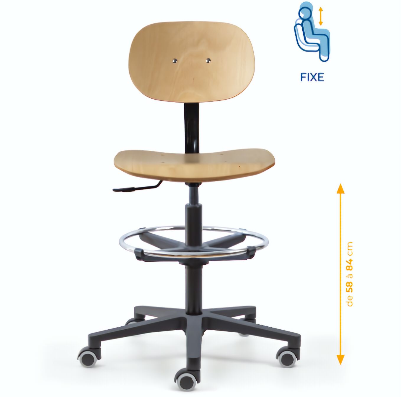 Chaise atelier bois, Chaise d'atelier en bois, chaise atelier en bois ergonomique, chaise atelier asynchrone en bois, chaise d'atelier professionnel, mobilier de bureau, Besançon